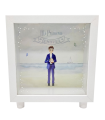 Tradineur - Hucha de Primera Comunión, madera y cristal estampado, personalizable con foto de 13,3 x 13,3 cm, regalo original, 16,5 x 15 x 5 cm (Blanco - Niño)