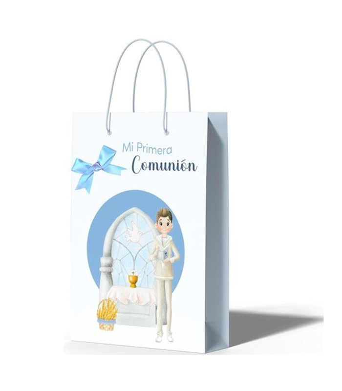 Tradineur - Pack de 12 bolsas pequeñas de papel para Primera Comunión, incluyen lazo azul, guardar regalos, fiestas, celebraciones religiosas (Niño - 21 x 14,7 cm)