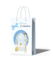 Tradineur - Pack de 12 bolsas pequeñas de papel para Primera Comunión, incluyen lazo azul, guardar regalos, fiestas, celebraciones religiosas (Niño - 21 x 14,7 cm)