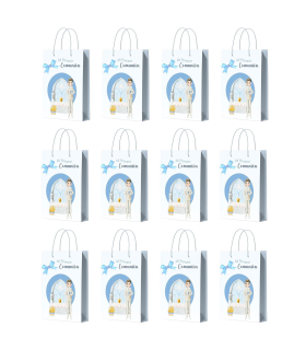 Tradineur - Pack de 12 bolsas pequeñas de papel para Primera Comunión, incluyen lazo azul, guardar regalos, fiestas, celebraciones religiosas (Niño - 21 x 14,7 cm)