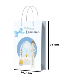 Tradineur - Pack de 12 bolsas pequeñas de papel para Primera Comunión, incluyen lazo azul, guardar regalos, fiestas, celebraciones religiosas (Niño - 21 x 14,7 cm)