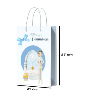 Tradineur - Pack de 12 bolsas medianas de papel para Primera Comunión, incluyen lazo azul, guardar regalos, fiestas, celebraciones religiosas (Niño - 27 x 21 cm)