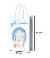 Tradineur - Pack de 12 bolsas medianas de papel para Primera Comunión, incluyen lazo azul, guardar regalos, fiestas, celebraciones religiosas (Niño - 27 x 21 cm)