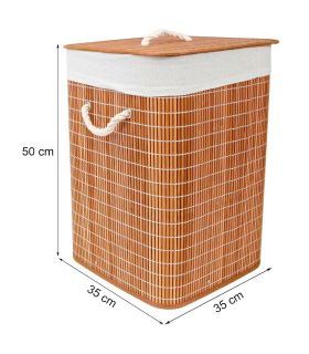 Tradineur - Cesto plegable cuadrado de bambú para ropa sucia, 1 compartimento, incluye asas, tapa y bolsa de tela extraíble y lavable, pongotodo, colada, ligero - 35 x 35 x 50 cm