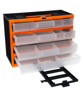 Tradineur - Caja organizadora de herramientas, clasificador con 4 cajones transparentes, cajonera plástico, módulo, estante para tornillos, bricolaje - 31 x 16,5 x 22 cm