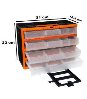 Tradineur - Caja organizadora de herramientas, clasificador con 4 cajones transparentes, cajonera plástico, módulo, estante para tornillos, bricolaje - 31 x 16,5 x 22 cm