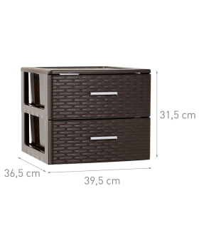 Plastic Forte - Cajonera de ordenación con 2 cajones de plástico organizador auxiliar efecto mimbre color wengue 31,5 x 39,5 x 36,5 cm.