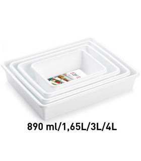 Tradineur - Set de 4 bandejas frigoríficas de almacenamiento, plástico, reutilizables, servir comida, aperitivos, fabricado en España - 890 ml + 1,65 l + 3 l + 4 l - Blanco