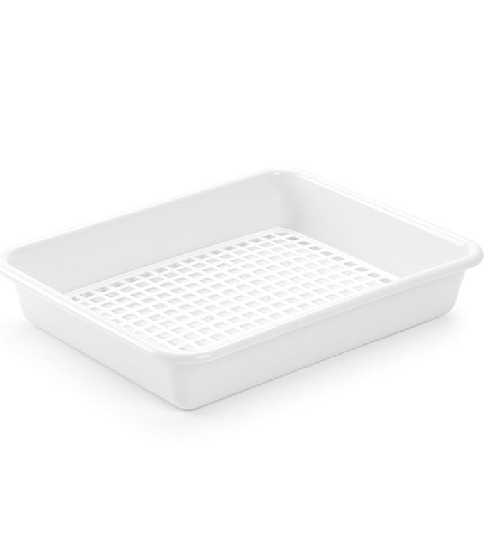 Tradineur - Bandeja frigorífica de almacenamiento con rejilla, plástico, reutilizable, descongelar alimentos, fabricado en España - 35 x 27 x 6 cm – Blanco