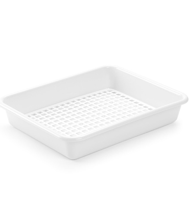 Tradineur - Bandeja frigorífica de almacenamiento con rejilla, plástico, reutilizable, descongelar alimentos, fabricado en España - 35 x 27 x 6 cm – Blanco