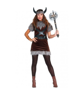 Tradineur - Disfraz de vikinga para adulto, poliéster, incluye cinta con cuernos, vestido y cinturón, atuendo de carnaval, Halloween, cosplay (Mujer, Talla L)