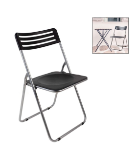 Tradineur - Silla plegable de metal, asiento y respaldo de PVC, patas antideslizantes, jardín, camping, hogar (Negro - 80 x 42 x 45 cm)