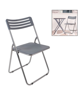 Tradineur - Silla plegable de metal con asiento y respaldo de PVC, patas antideslizantes, jardín, camping, hogar (Gris - 80 x 42 x 45 cm)