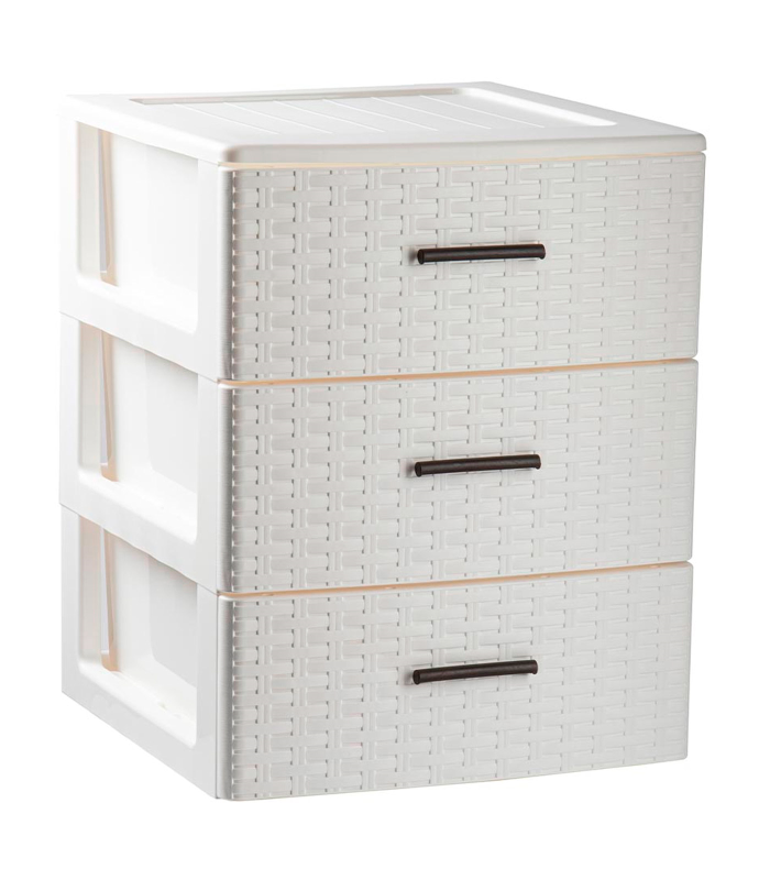 Tradineur - Cajonera de ordenación Rattan de plástico - 3 cajones - Torre de almacenaje multiusos, organizador auxiliar, almacenamiento, baño - 46,5 x 39,5 x 36,5 cm - Color Blanco Roto