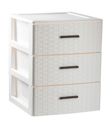 Tradineur - Cajonera de ordenación Rattan de plástico - 3 cajones - Torre de almacenaje multiusos, organizador auxiliar, almacenamiento, baño - 46,5 x 39,5 x 36,5 cm - Color Blanco Roto