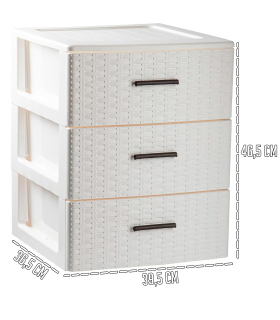 Tradineur - Cajonera de ordenación Rattan de plástico - 3 cajones - Torre de almacenaje multiusos, organizador auxiliar, almacenamiento, baño - 46,5 x 39,5 x 36,5 cm - Color Blanco Roto