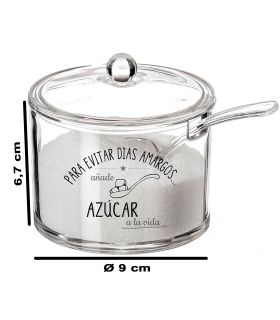 Tradineur - Azucarero redondo transparente de metacrilato, incluye tapa y cucharilla, Añade Azúcar a la Vida, recipiente para guardar y servir azúcar, cocina (Días Amargos, 9 x 6,7 cm)