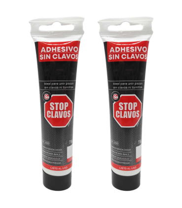 Tradineur - Pack de 2 tubos de adhesivo Stop Clavos, pegamento de montaje sin clavos, resistente a temperaturas extremas, fuerte en soportes absorbentes - 75 g