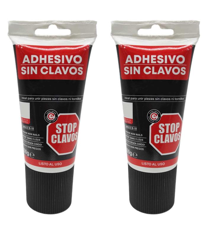 Tradineur - Pack de 2 tubos de adhesivo Stop Clavos, pegamento sin clavos, montaje, resistente a temperaturas extremas, fuerte en soportes absorbentes - 150 g