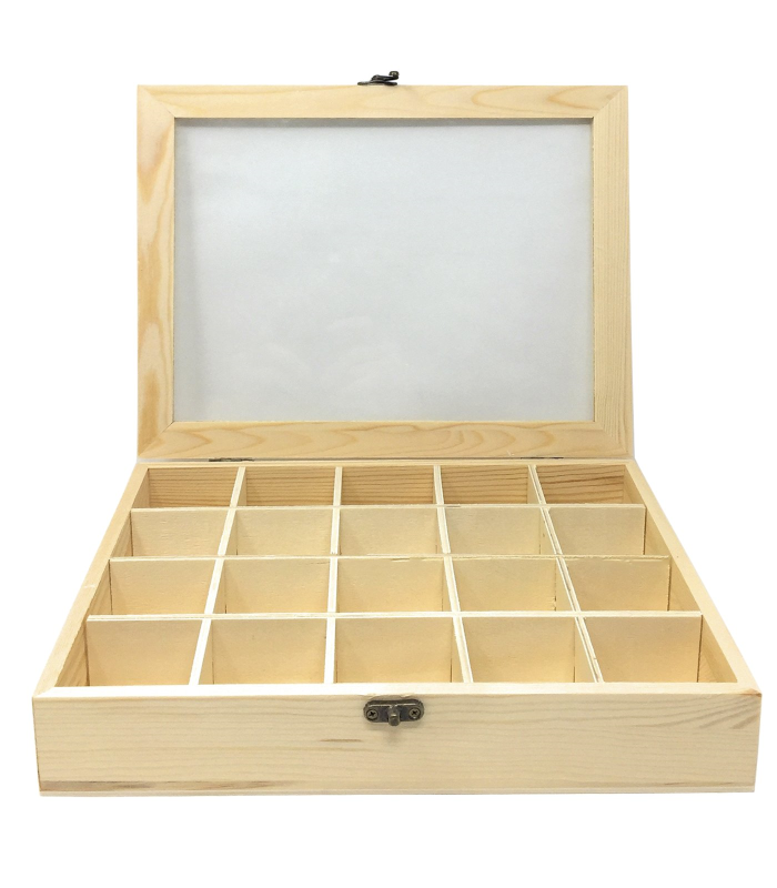 Caja de madera, 20 compartimentos, tapa de cristal, expositor joyas, organizador, joyero, collares, brazaletes, pendientes, relojes, 5 x 28 x 22 cm