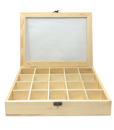 Caja de madera, 20 compartimentos, tapa de cristal, expositor joyas, organizador, joyero, collares, brazaletes, pendientes, relojes, 5 x 28 x 22 cm