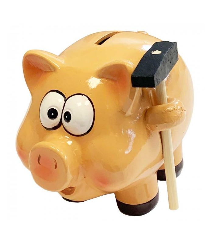 Hucha cerdito de cerámica con martillo 18 x 18 x 21 cm. Caja de ahorro de dinero infantil, decoración original para niños y niñas