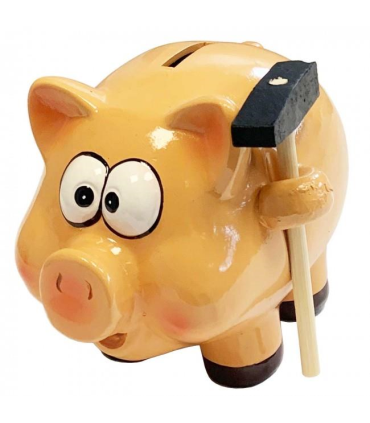 Hucha cerdito de cerámica con martillo 18 x 18 x 21 cm. Caja de ahorro de dinero infantil, decoración original para niños y niñas