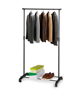 Tradineur - Perchero con ruedas extensible, acero y plástico, incluye barra y estante para calzado, altura regulable, fácil montaje, hogar (Negro, 80 x 43 x 95-165 cm)