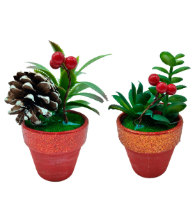 Tradineur - Plantas navideñas artificiales con maceta - Maceta de cerámica - decoración para temporada navideña - Ø 7 x 12 cm - Modelo Surtido