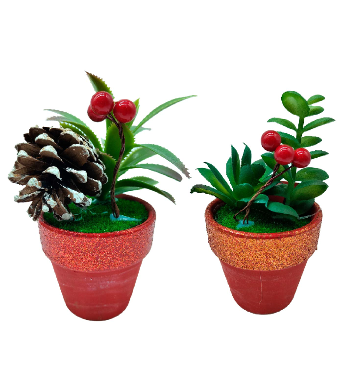 Tradineur - Plantas navideñas artificiales con maceta - Maceta de cerámica - decoración para temporada navideña - Ø 7 x 12 cm - Modelo Surtido