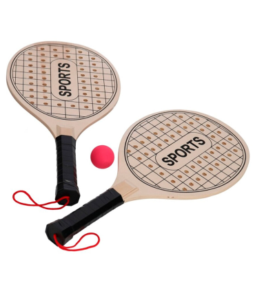 Tradineur - Set de palas de playa, modelo Sports, madera, incluye pelota, superficie con agujeros, mango forrado, raquetas, deporte, aire libre, 44 x 21 cm