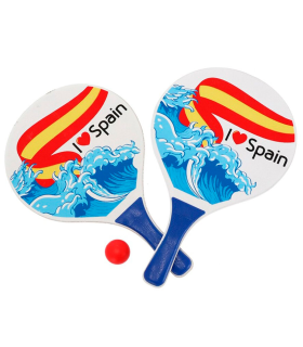 Tradineur - Set de palas de playa, diseño España, I Love Spain, madera, incluye pelota, mango recubierto de plástico, raquetas, deporte, aire libre, 38 x 23 cm, modelo aleatorio