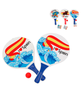 Tradineur - Set de palas de playa, diseño España, I Love Spain, madera, incluye pelota, mango recubierto de plástico, raquetas, deporte, aire libre, 38 x 23 cm, modelo aleatorio