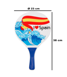 Tradineur - Set de palas de playa, diseño España, I Love Spain, madera, incluye pelota, mango recubierto de plástico, raquetas, deporte, aire libre, 38 x 23 cm, modelo aleatorio