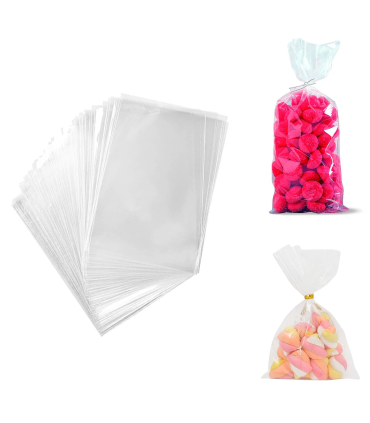 Tradineur - 3 paquetes de 36 bolsas transparentes de plástico para caramelos, envolver galletas, chuches, fiestas, cumpleaños, regalos (Total 108 bolsas - 10 x 20 cm)