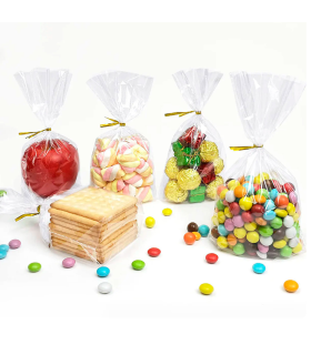 Tradineur - 3 paquetes de 36 bolsas transparentes de plástico para caramelos, envolver galletas, chuches, fiestas, cumpleaños, regalos (Total 108 bolsas - 10 x 20 cm)