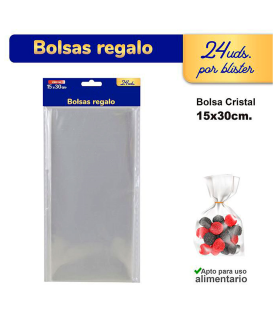 Tradineur - 4 paquetes de 24 bolsas transparentes de plástico para caramelos, envolver galletas, chuches, fiestas, cumpleaños, regalos (Total 96 bolsas - 15 x 30 cm)