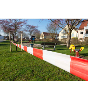 Tradineur - Cinta de advertencia no adhesiva, rollo de cinta de señalización, balizamiento, delimitar espacios, seguridad, obras (Franjas rojas y blancas - 5 cm x 100 m)