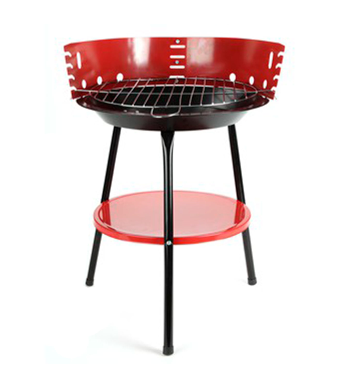 Barbacoa de hierro redonda de color rojo y negro, de 36 cm de diámetro y 55 cm de altura. Parrilla especial para carbón para realizar comidas. Asador con patas para exteriores e interiores.