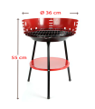 Barbacoa de hierro redonda de color rojo y negro, de 36 cm de diámetro y 55 cm de altura. Parrilla especial para carbón para realizar comidas. Asador con patas para exteriores e interiores.