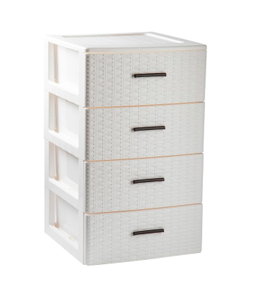 Tradineur - Cajonera de ordenación Rattan de plástico - 4 cajones - Torre de almacenaje multiusos, organizador auxiliar, almacenamiento, baño - 61,5 x 39,5 x 36,5 cm - Color Blanco Roto