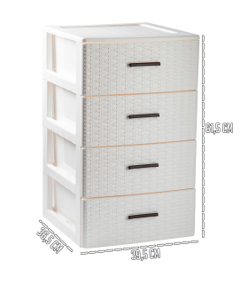 Tradineur - Cajonera de ordenación Rattan de plástico - 4 cajones - Torre de almacenaje multiusos, organizador auxiliar, almacenamiento, baño - 61,5 x 39,5 x 36,5 cm - Color Blanco Roto