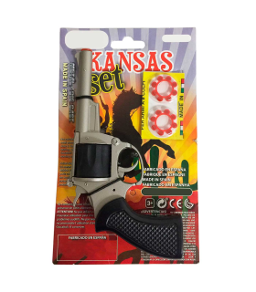 Tradineur- Pistola de juguete "Kansas" con 32 fulminantes, 17 x 9 cm, revólver recargable con disparos sonoros, 4 discos de 8 fulminantes, regalo para niños