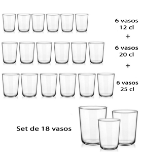 Tradineur - Set de 18 vasos de cristal "Otto", 3 tamaños: 6 x 12 cl, 6 x 20 cl y 6 x 25 cl, aptos para lavavajillas, agua, bebidas, refrescos