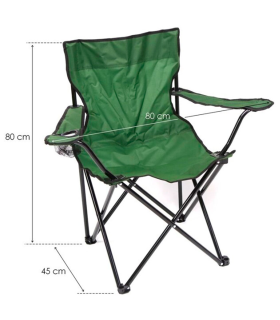 Tradineur - Silla de camping plegable con reposabrazos y portavasos, acero y poliéster, incluye bolsa de transporte, máximo 90 kg, acampada, pesca, jardín (Verde - 80 x 80 x 45 cm)