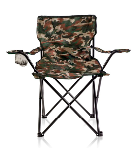 Tradineur - Silla de camping plegable, incluye reposabrazos y portavasos, acero y poliéster, incluye bolsa de transporte, máximo 90 kg, acampada, pesca, jardín (Camuflaje - 80 x 80 x 50 cm)