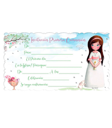 Tradineur - Set de 10 invitaciones con sobre para Primera Comunión, papel, amigos, familia, fiestas, celebraciones religiosas (Niña, 16 x 8,5 cm)