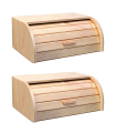 Tradineur - Pack de 2 paneras de madera con tapa de persiana 15,5 x 35,2 x 24,5 cm, contenedor para pan de madera natural, recipiente con tapa deslizante para almacenar pan, bollitos