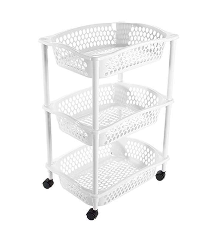 Tradineur - Carrito Verdulero con ruedas - Modelo HG - Fabricado en Plástico - Multiusos para organizar los Espacios domésticos - 3 Cestas - 61,5 x 41 x 30 cm - Color Blanco