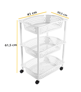 Tradineur - Carrito Verdulero con ruedas - Modelo HG - Fabricado en Plástico - Multiusos para organizar los Espacios domésticos - 3 Cestas - 61,5 x 41 x 30 cm - Color Blanco